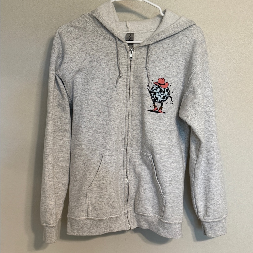 Gray Zip-Up Hoodie with Graphic Design